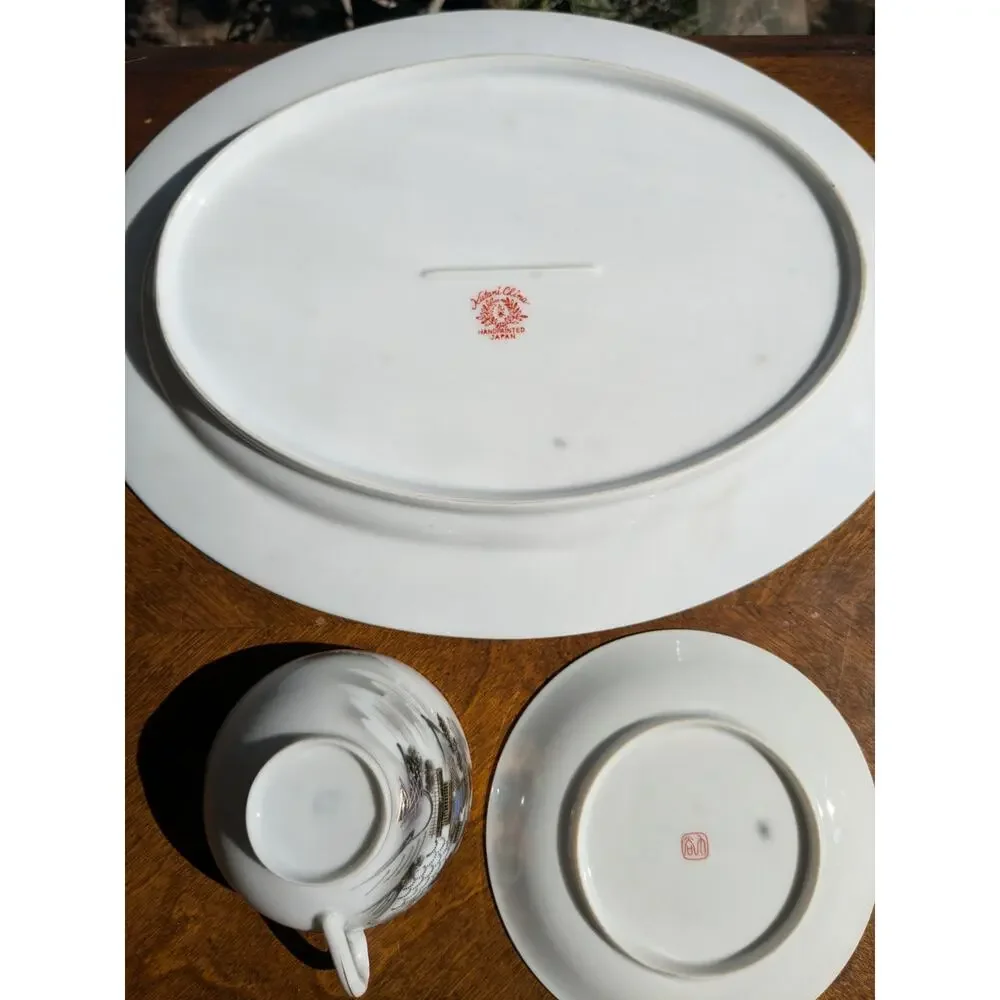 Vintage Kutani Hand Painted Japan Platter & Teacup Set - Monochrome Mt Fuji
